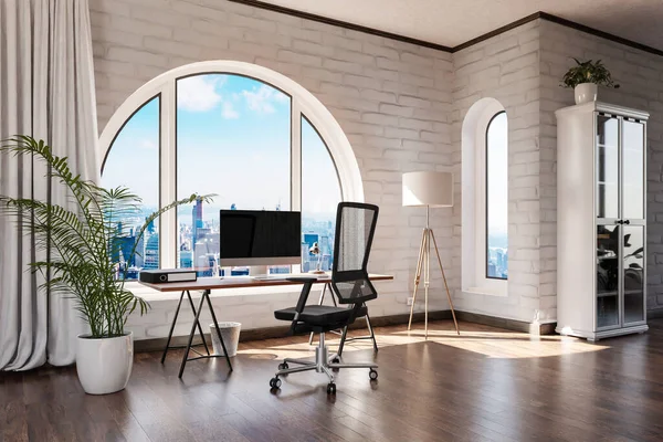 有拱形窗户和市区全景的豪华阁楼公寓 有办公桌的内部计算机工作空间 3D插图 — 图库照片