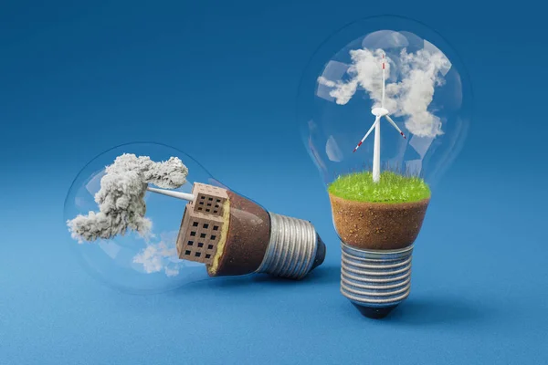 lightbulbs with minature wind turbine and coal-fired power station  inside; green soil and clouds; pollution and smoke; renewable energy concept; infinite background; 3D Illustration