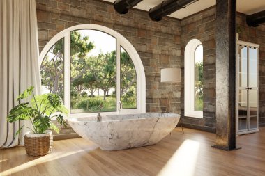 Hafifletilmiş rahat köy evi banyosunda serbest banyo raf ve tuval ile minimal iç tasarım rahatlama spa konsepti, 3 boyutlu illüstrasyon