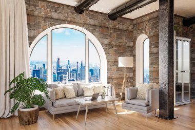 Şehir merkezi üzerinde kemerli penceresi ve panoramik manzaralı lüks çatı katı dairesi; iç oturma odası tasarımı modelleme; 3D İllüstrasyon
