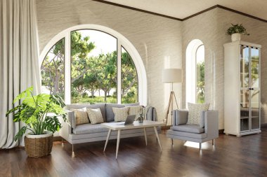 Kemerli pencere ve manzara manzaralı lüks bir kır evi dairesi; iç oturma odası tasarımı modelleme; 3D İllüstrasyon