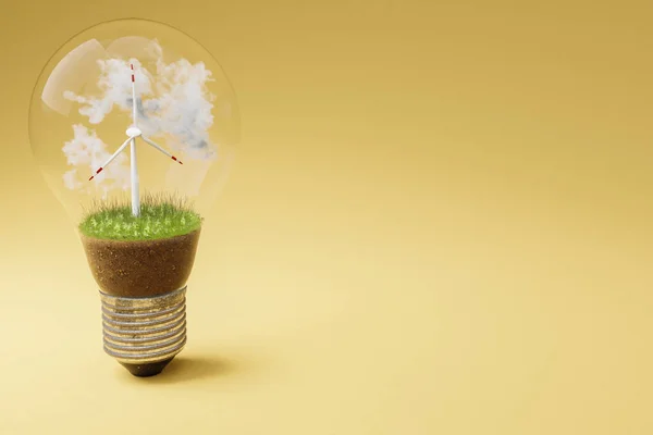 Одна Лампочка Миниатюрной Ветряной Турбиной Внутри Зеленая Почва Облака Концепция — стоковое фото