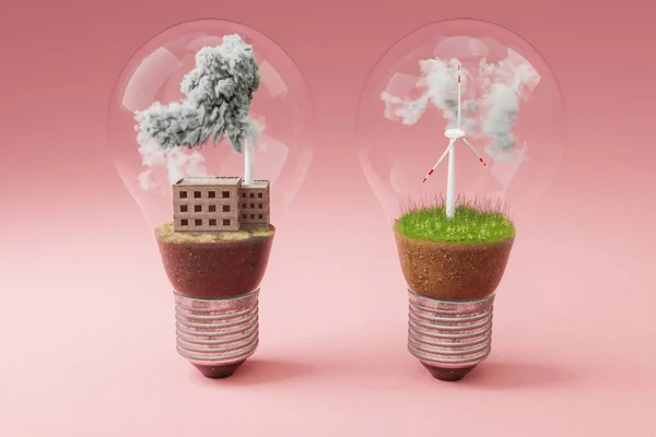 lightbulbs with minature wind turbine and coal-fired power station  inside; green soil and clouds; pollution and smoke; renewable energy concept; infinite background; 3D Illustration