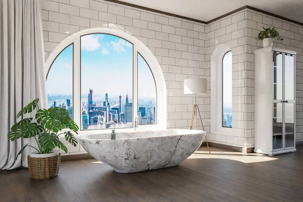 市区阁楼公寓独立浴池 简约室内设计 休闲和温泉概念 3D画图 — 图库照片