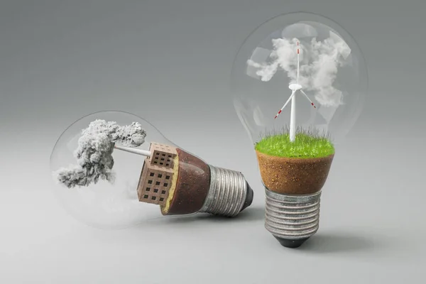Lightbulbs Minature Wind Turbine Coal Fired Power Station Green Soil Stock Picture
