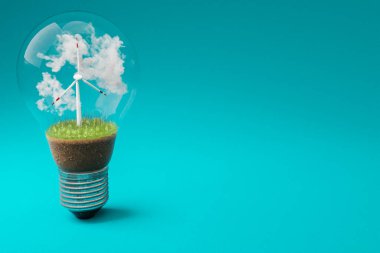 içinde minyatür rüzgar türbini olan tek bir ampul; yeşil toprak ve bulutlar; yenilenebilir enerji konsepti; 3 boyutlu illüstrasyon