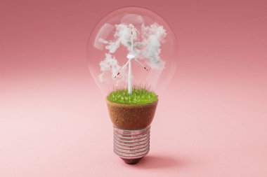 içinde minyatür rüzgar türbini olan tek bir ampul; yeşil toprak ve bulutlar; yenilenebilir temiz enerji kavramı; sonsuz arkaplan; 3D illüstrasyon