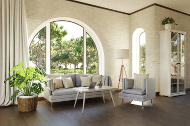 Kemerli pencere ve manzara manzaralı lüks bir kır evi dairesi; iç oturma odası tasarımı modelleme; 3D İllüstrasyon