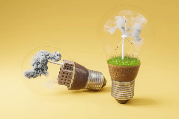 Lightbulbs Minature Wind Turbine Coal Fired Power Station Green Soil — Stock Photo, Image