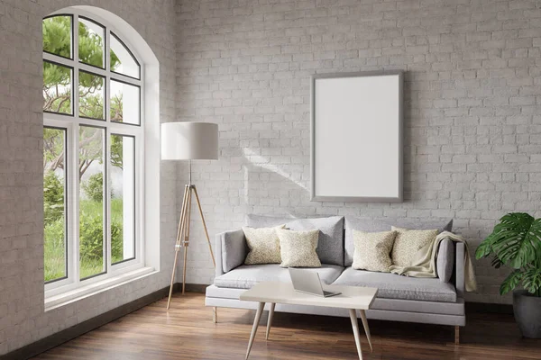 舒适舒适的客厅室内环境 阳光明亮的槽窗 带有现代笔记本电脑的地板灯和沙发桌 带有复制空间的画布 家庭装修概念 3D插图 — 图库照片