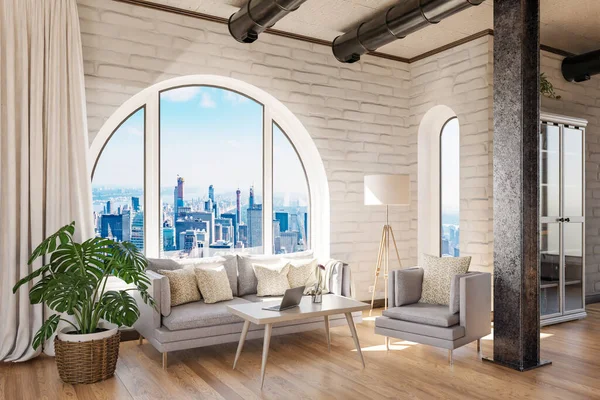 luxurious loft apartment with arched window and panoramic view over urban downtown; interior living room design mock up; 3D Illustration