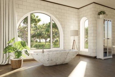 Hafifletilmiş rahat köy evi banyosunda serbest banyo raf ve tuval ile minimal iç tasarım rahatlama spa konsepti, 3 boyutlu illüstrasyon