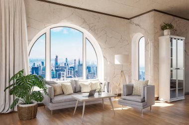 Şehir merkezi üzerinde kemerli penceresi ve panoramik manzaralı lüks çatı katı dairesi; iç oturma odası tasarımı modelleme; 3D İllüstrasyon