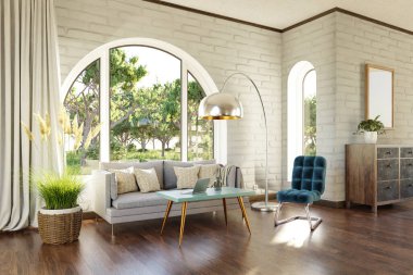 Kemerli pencere ve manzara manzaralı lüks bir kır evi dairesi; iç oturma odası tasarımı modelleme; 3D İllüstrasyon