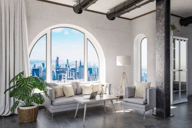 Şehir merkezi üzerinde kemerli penceresi ve panoramik manzaralı lüks çatı katı dairesi; iç oturma odası tasarımı modelleme; 3D İllüstrasyon