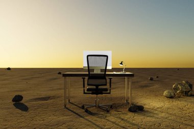 Çöl ortamında yalnız bilgisayar işyeri; uzak çalışma ve dijital göçebe ve iklim krizi konsepti; 3D illüstrasyon