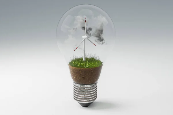 Одна Лампочка Миниатюрной Ветряной Турбиной Внутри Зеленая Почва Облака Возобновляемые — стоковое фото