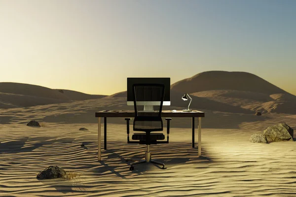 lonely pc workplace in desert environment; remote work and digital nomad and climate crisis concept; 3D illustration