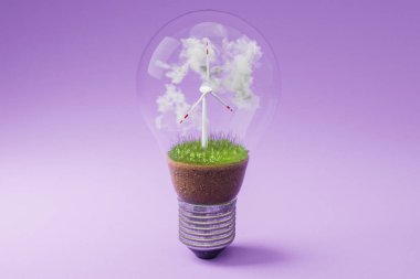içinde minyatür rüzgar türbini olan tek bir ampul; yeşil toprak ve bulutlar; yenilenebilir temiz enerji kavramı; sonsuz arkaplan; 3D illüstrasyon