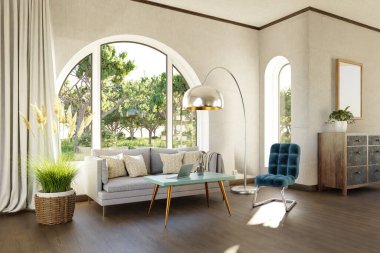 Kemerli pencere ve manzara manzaralı lüks bir kır evi dairesi; iç oturma odası tasarımı modelleme; 3D İllüstrasyon