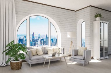 Şehir merkezi üzerinde kemerli penceresi ve panoramik manzaralı lüks çatı katı dairesi; iç oturma odası tasarımı modelleme; 3D İllüstrasyon