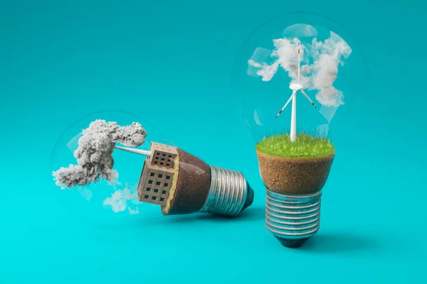 内装微型风力涡轮机和燃煤发电站的灯泡 绿色土壤和云 污染和烟雾 可再生能源概念 无限背景 3D说明 — 图库照片