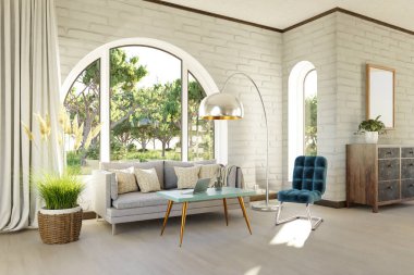 Kemerli pencere ve manzara manzaralı lüks bir kır evi dairesi; iç oturma odası tasarımı modelleme; 3D İllüstrasyon