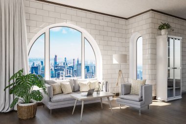 Şehir merkezi üzerinde kemerli penceresi ve panoramik manzaralı lüks çatı katı dairesi; iç oturma odası tasarımı modelleme; 3D İllüstrasyon