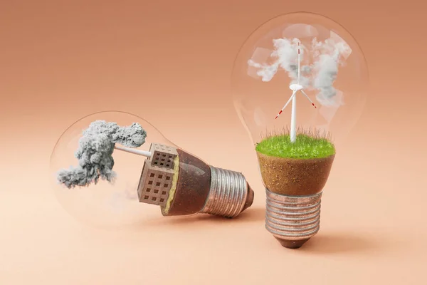 Lightbulbs Minature Wind Turbine Coal Fired Power Station Green Soil — Stock Photo, Image