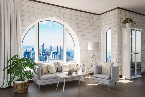 アーチ型の窓と都会のダウンタウンのパノラマビューを持つ豪華なロフトアパート インテリアリビングルームのデザインモックアップ 3Dイラスト — ストック写真