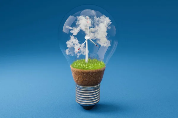 Single Lightbulb Minature Wind Turbine Green Soil Clouds Renewable Clean Royalty Free Stock Photos