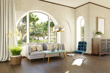 Kemerli pencere ve manzara manzaralı lüks bir kır evi dairesi; iç oturma odası tasarımı modelleme; 3D İllüstrasyon