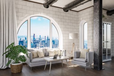 Şehir merkezi üzerinde kemerli penceresi ve panoramik manzaralı lüks çatı katı dairesi; iç oturma odası tasarımı modelleme; 3D İllüstrasyon