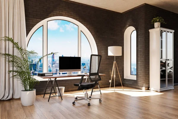 Apartamento Loft Luxuoso Com Janela Arqueada Vista Panorâmica Sobre Centro — Fotografia de Stock
