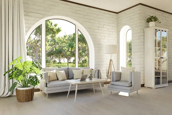 Kemerli pencere ve manzara manzaralı lüks bir kır evi dairesi; iç oturma odası tasarımı modelleme; 3D İllüstrasyon