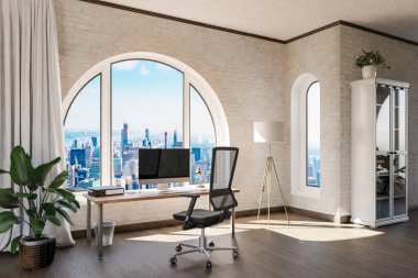 luxurious loft apartment with arched window and panoramic view over urban downtown; interior computer workspace with desk; 3D Illustration clipart