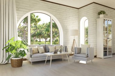 Kemerli pencere ve manzara manzaralı lüks bir kır evi dairesi; iç oturma odası tasarımı modelleme; 3D İllüstrasyon
