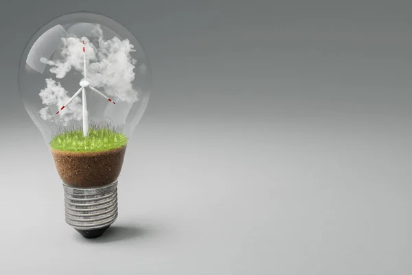 Single Lightbulb Minature Wind Turbine Green Soil Clouds Renewable Energy Stock Image