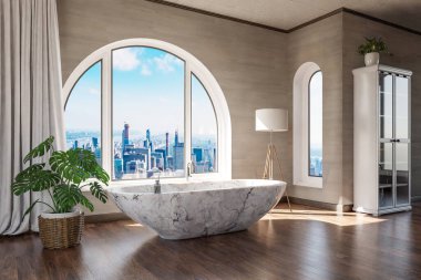 Şehir merkezindeki çatı katında serbest banyo; minimal iç tasarım; rahatlama ve spa konsepti; 3D Illustration