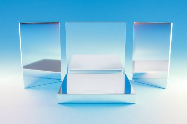 Podyum sonsuz arka plan duman bulutları. Gümüş Metal Piramit Güzellik için kaidesi, kozmetik ürün sunumu. Boşluk şablonunu kopyala, 3B Resim