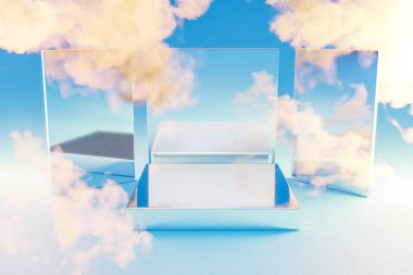 Podyum sonsuz arka plan duman bulutları. Güzellik için gümüş metal kaidesi, kozmetik ürün sunumu. Boşluk şablonunu kopyala, 3B Resim