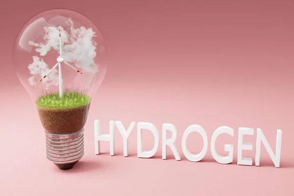 Egy Villanykörte Miniatűr Szélturbinával Belül Zöld Talaj Felhők Megújuló Energia — Stock Fotó