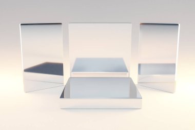 Podyum sonsuz arka plan duman bulutları. Gümüş Metal Piramit Güzellik için kaidesi, kozmetik ürün sunumu. Boşluk şablonunu kopyala, 3B Resim