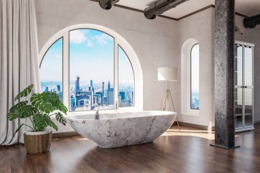 Şehir merkezindeki çatı katında serbest banyo; minimal iç tasarım; rahatlama ve spa konsepti; 3D Illustration