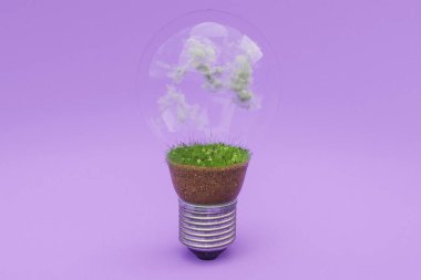 Toprak ve bulutlu tek bir ampul; yenilenebilir temiz enerji konsepti; 3B Görüntü
