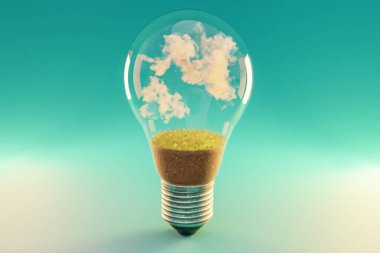 Toprak ve bulutlu tek bir ampul; yenilenebilir temiz enerji konsepti; 3B Görüntü