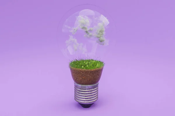 Einzelglühbirne Mit Erde Und Wolken Konzept Erneuerbarer Sauberer Energien Illustration — Stockfoto