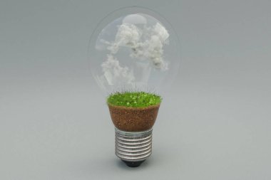 Toprak ve bulutlu tek bir ampul; yenilenebilir temiz enerji konsepti; 3B Görüntü