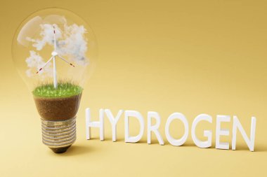 içinde minyatür rüzgar türbini olan tek bir ampul; yeşil toprak ve bulutlar; yenilenebilir enerji konsepti; 3 boyutlu illüstrasyon