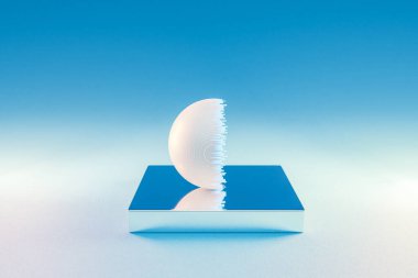 Sonsuz arkaplanda yarı dijital küreye sahip gümüş metal podyum; güzellik için kaidesi, ürün sunumu, 3D İllüstrasyon